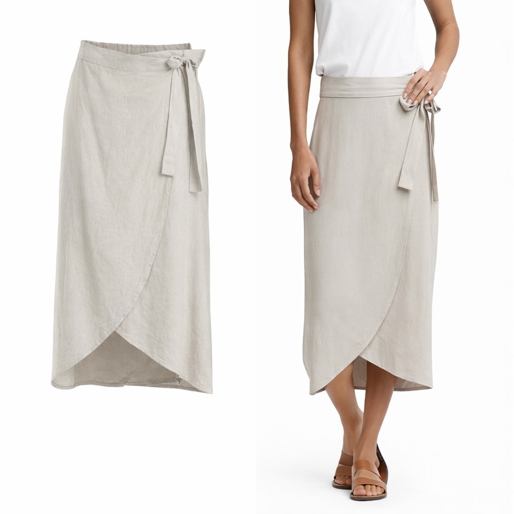 Lole | Linen Blend Wrap Midi Skirt | Beige Oatmeal | Tie Waist | Size M - Picture 1 of 5